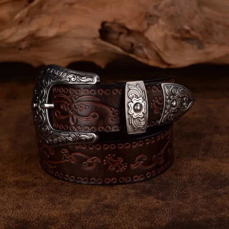 Men's Leather Belt Western Design Silver Buckle 1.5 Inch Width 1