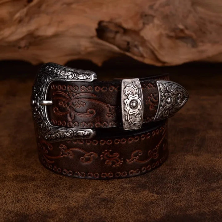 Men's Leather Belt Western Design Silver Buckle 1.5 Inch Width 1