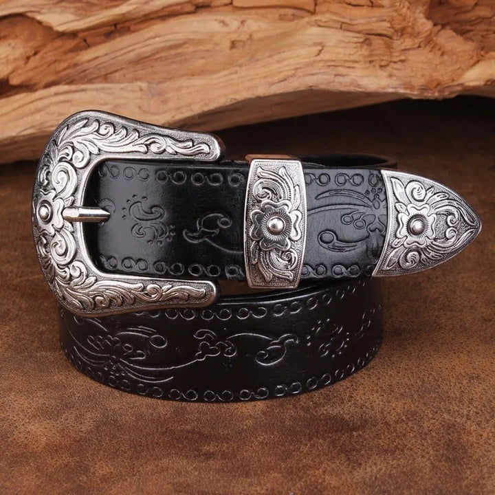 Men's Leather Belt Western Design Silver Buckle 1.5 Inch Width 2