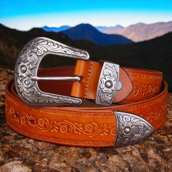 Men's Leather Belt Western Design Silver Buckle 1.5 Inch Width 3