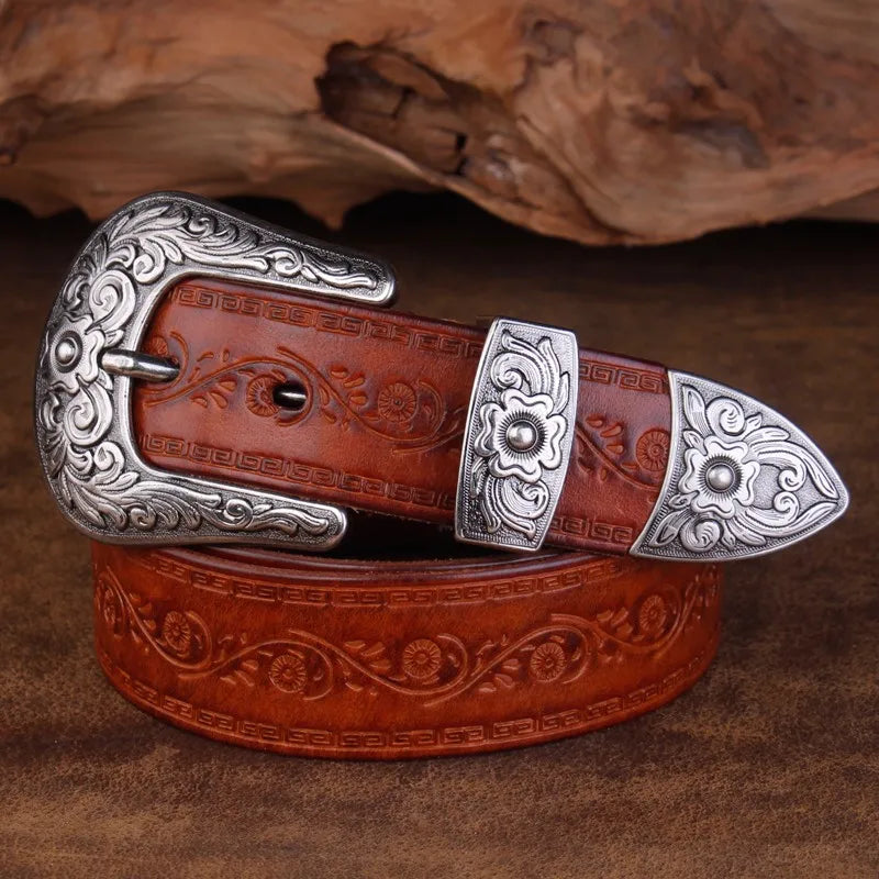 Men's Leather Belt Western Design Silver Buckle 1.5 Inch Width 4