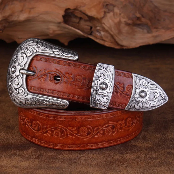 Men's Leather Belt Western Design Silver Buckle 1.5 Inch Width 4