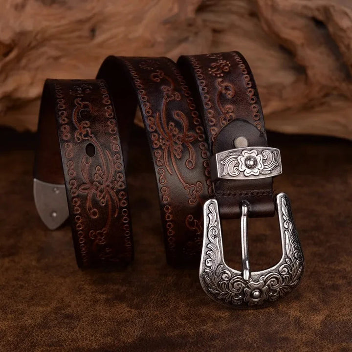 Men's Leather Belt Western Design Silver Buckle 1.5 Inch Width 5
