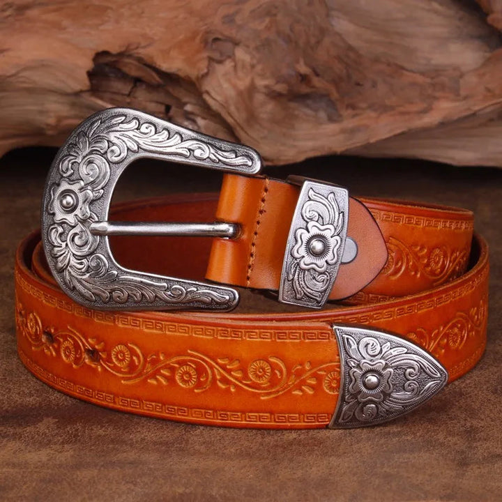 Men's Leather Belt Western Design Silver Buckle 1.5 Inch Width 6