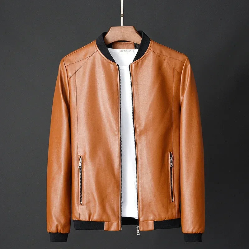 Men's Leather Jacket Bomber Smooth Front Zip Ribbed Trim Black 0