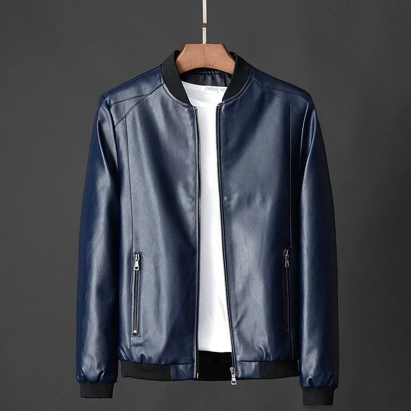 Men's Leather Jacket Bomber Smooth Front Zip Ribbed Trim Black 1