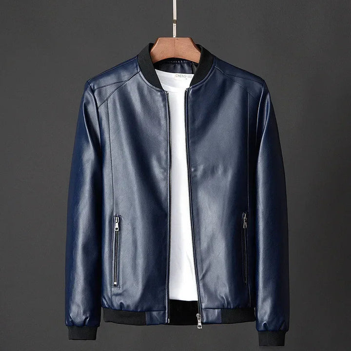 Men's Leather Jacket Bomber Smooth Front Zip Ribbed Trim Black 1