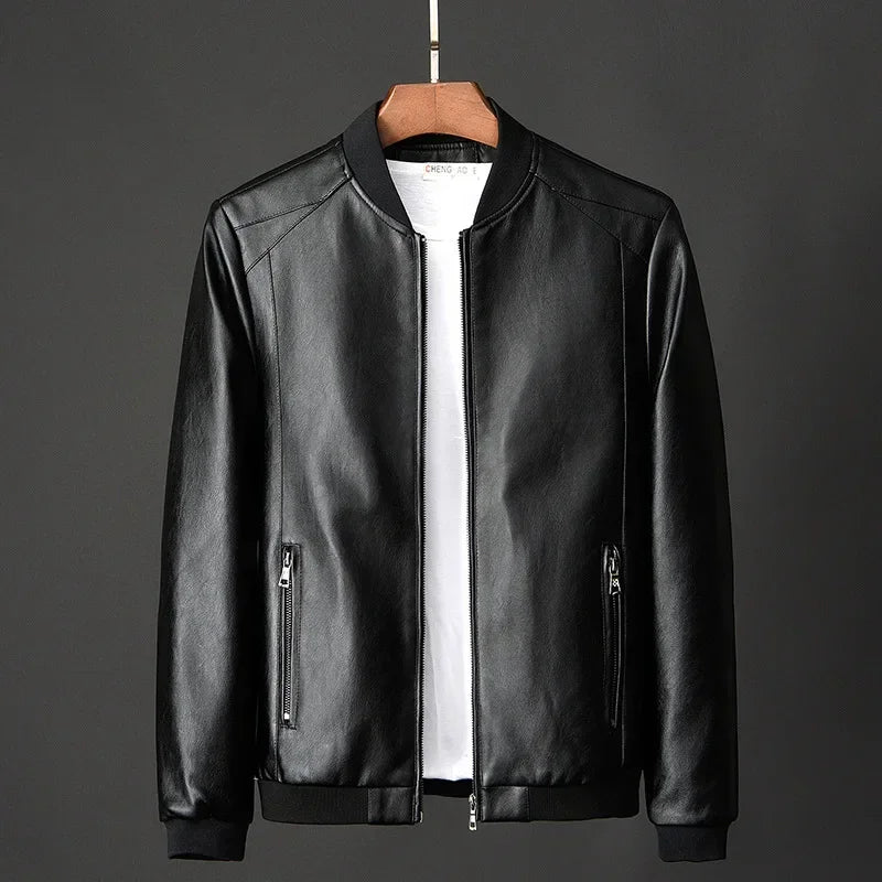 Men's Leather Jacket Bomber Smooth Front Zip Ribbed Trim Black 2