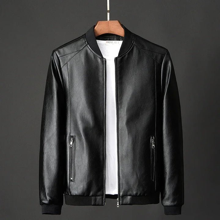 Men's Leather Jacket Bomber Smooth Front Zip Ribbed Trim Black 2