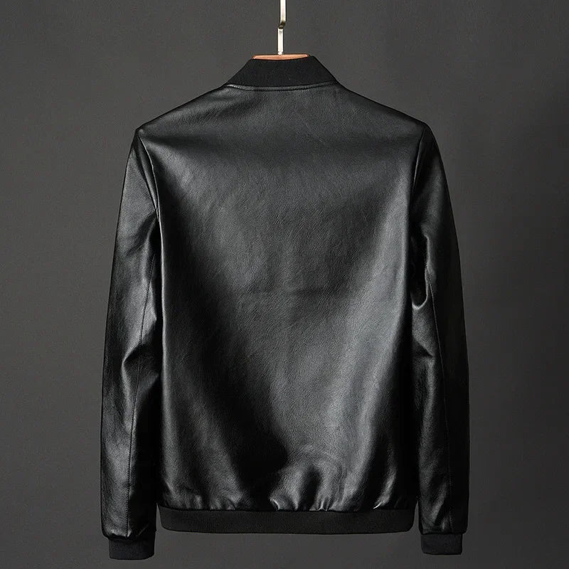 Men's Leather Jacket Bomber Smooth Front Zip Ribbed Trim Black 3