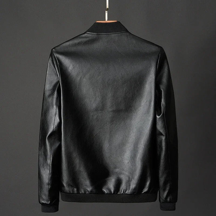 Men's Leather Jacket Bomber Smooth Front Zip Ribbed Trim Black 3