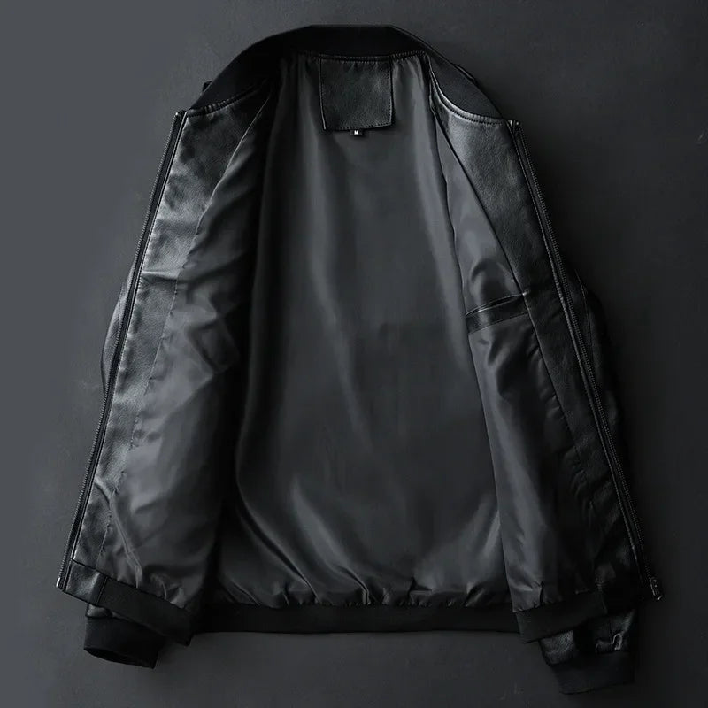 Men's Leather Jacket Bomber Smooth Front Zip Ribbed Trim Black 4
