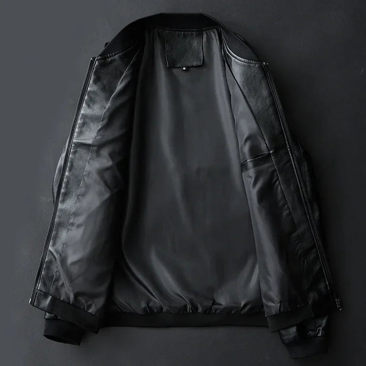 Men's Leather Jacket Bomber Smooth Front Zip Ribbed Trim Black 4