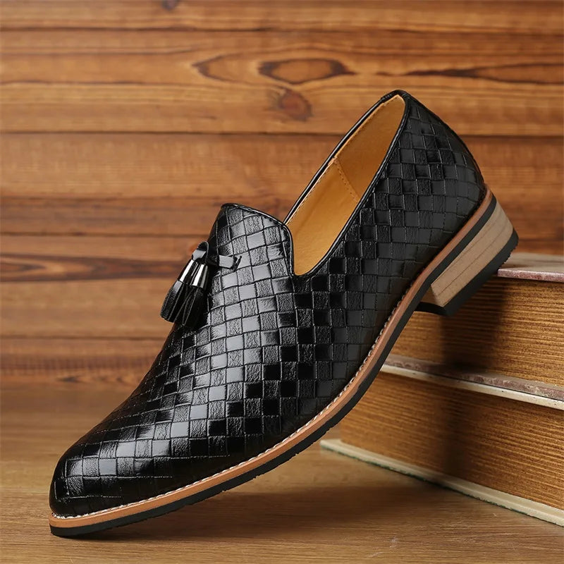 Men's Leather Loafers Woven Design Tassel Accents Cushioned Insole Brown 0