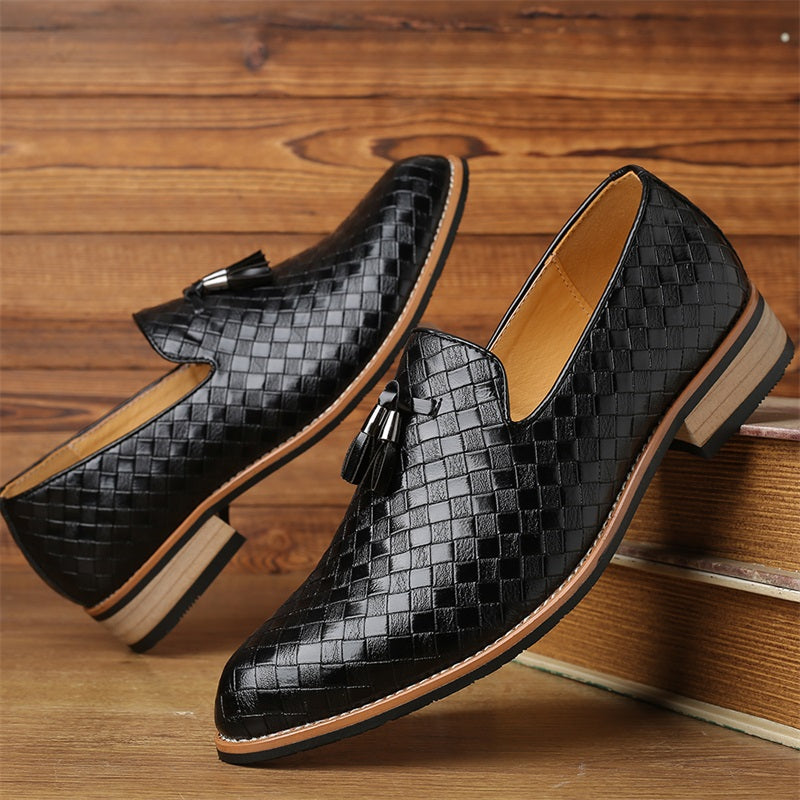 Men's Leather Loafers Woven Design Tassel Accents Cushioned Insole Brown 1