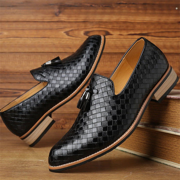 Men's Leather Loafers Woven Design Tassel Accents Cushioned Insole Brown 1
