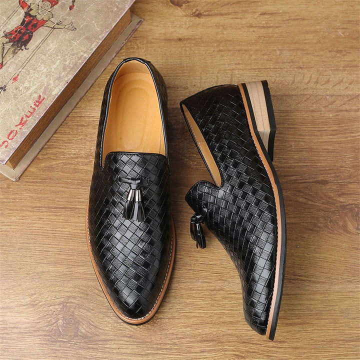 Men's Leather Loafers Woven Design Tassel Accents Cushioned Insole Brown 2