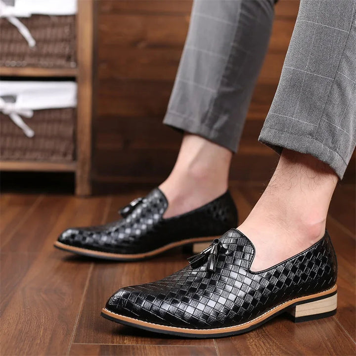 Men's Leather Loafers Woven Design Tassel Accents Cushioned Insole Brown 3