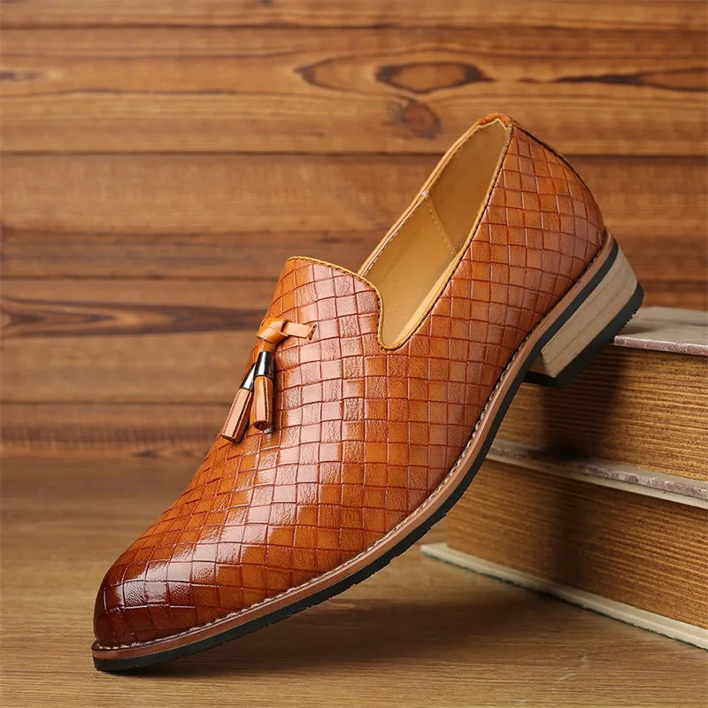 Men's Leather Loafers Woven Design Tassel Accents Cushioned Insole Brown 4
