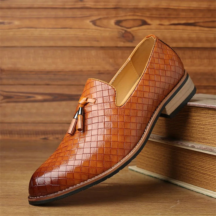 Men's Leather Loafers Woven Design Tassel Accents Cushioned Insole Brown 4