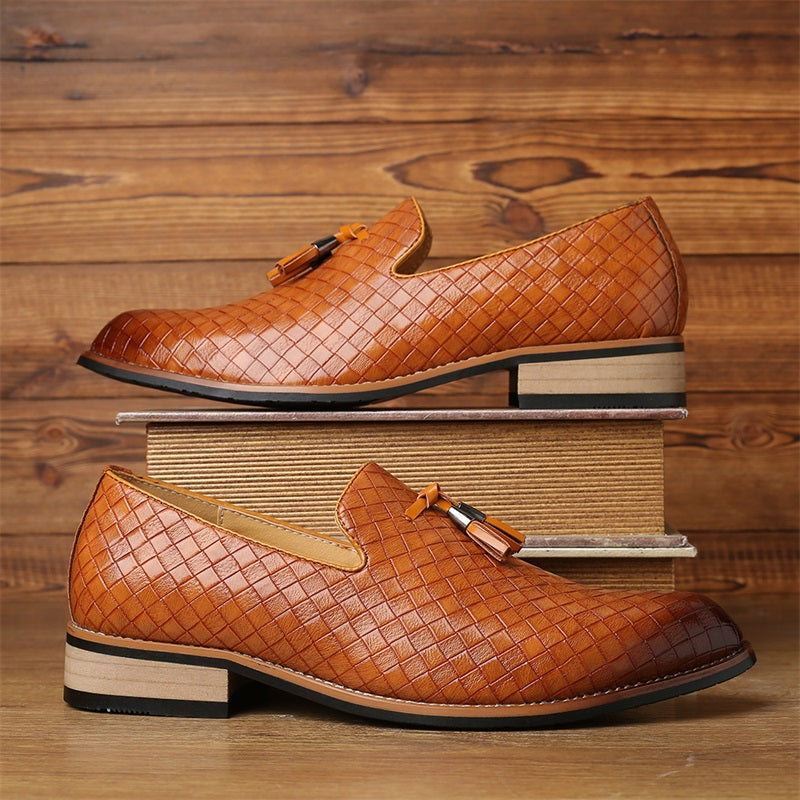 Men's Leather Loafers Woven Design Tassel Accents Cushioned Insole Brown 6