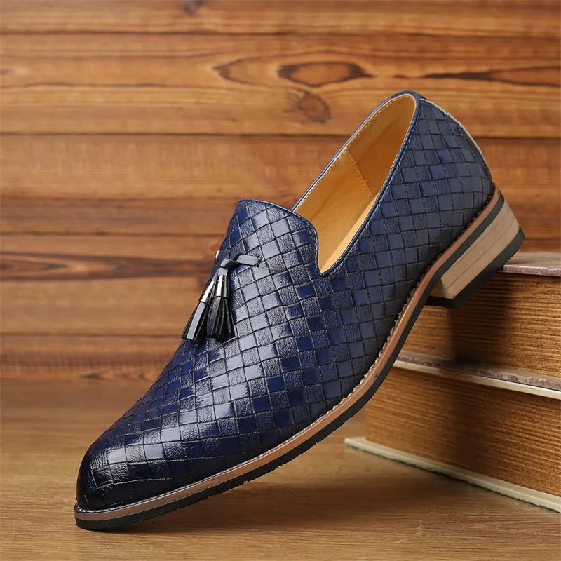 Men's Leather Loafers Woven Design Tassel Accents Cushioned Insole Brown 9