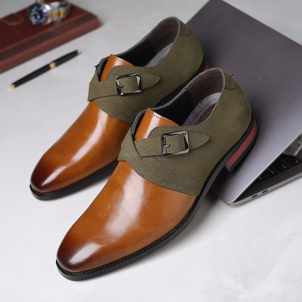 Men's Loafers Suede Vegan Leather Double Buckle Brown 1