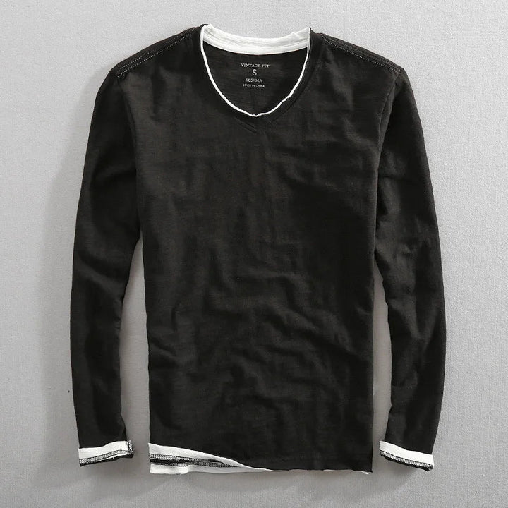 Men's Long Sleeve V-Neck Shirt Soft Cotton Relaxed Fit Raw Edge Vintage Style 0