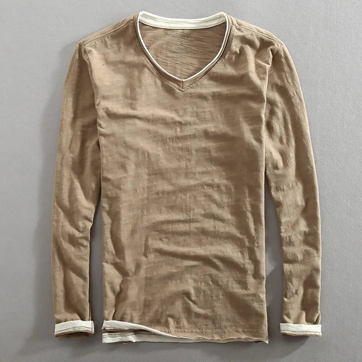 Men's Long Sleeve V-Neck Shirt Soft Cotton Relaxed Fit Raw Edge Vintage Style 1