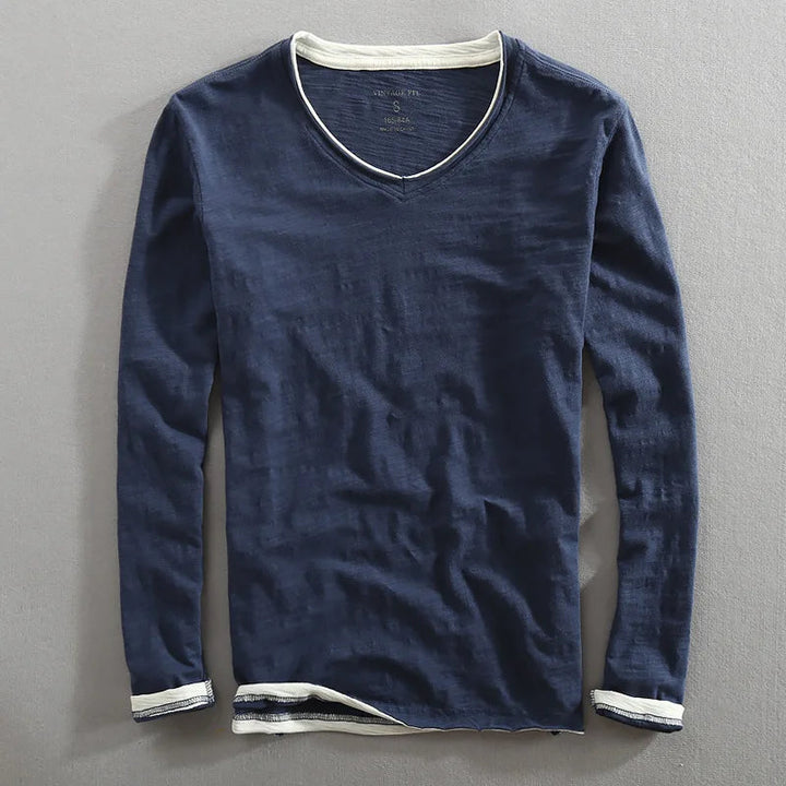 Men's Long Sleeve V-Neck Shirt Soft Cotton Relaxed Fit Raw Edge Vintage Style 2
