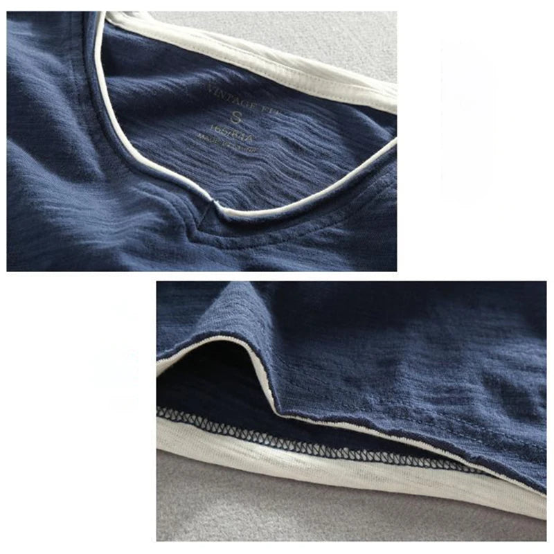 Men's Long Sleeve V-Neck Shirt Soft Cotton Relaxed Fit Raw Edge Vintage Style 3