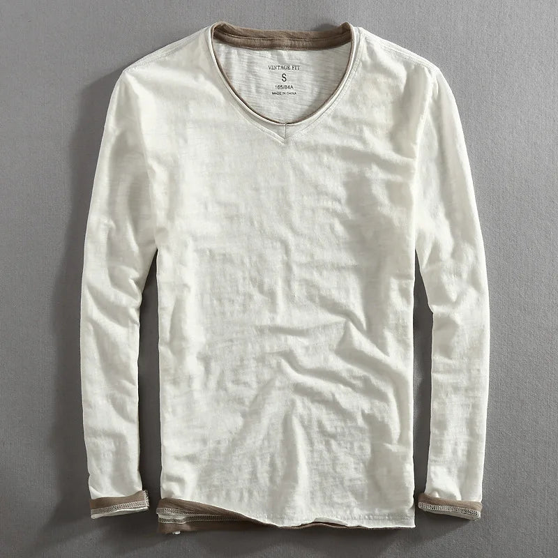 Men's Long Sleeve V-Neck Shirt Soft Cotton Relaxed Fit Raw Edge Vintage Style 4