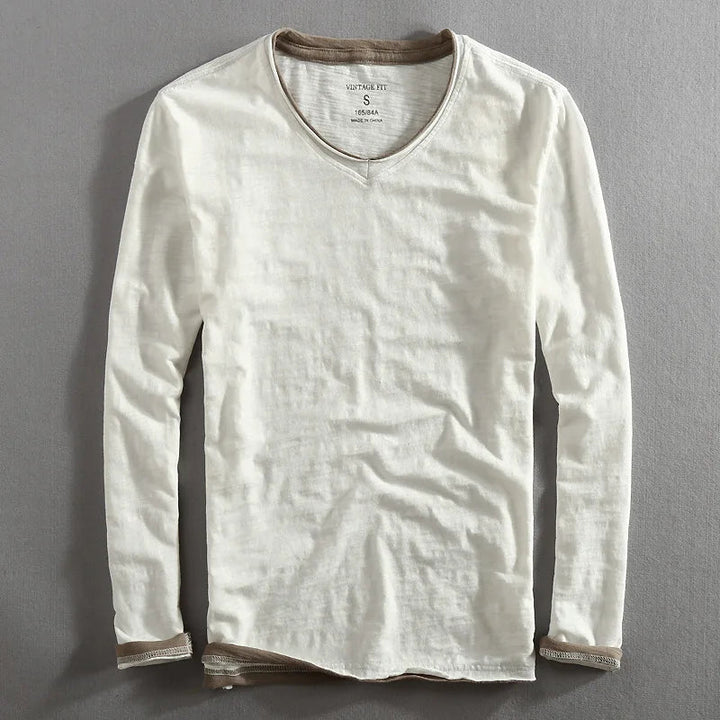Men's Long Sleeve V-Neck Shirt Soft Cotton Relaxed Fit Raw Edge Vintage Style 4