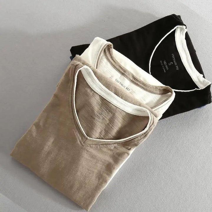 Men's Long Sleeve V-Neck Shirt Soft Cotton Relaxed Fit Raw Edge Vintage Style 5