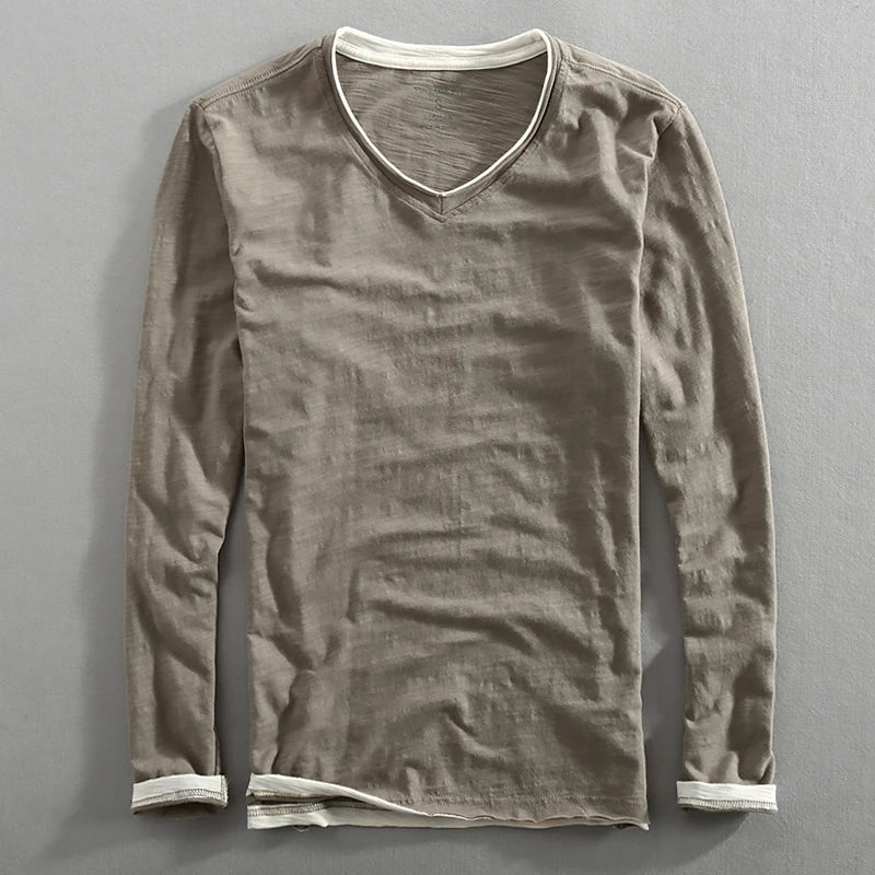 Men's Long Sleeve V-Neck Shirt Soft Cotton Relaxed Fit Raw Edge Vintage Style 6