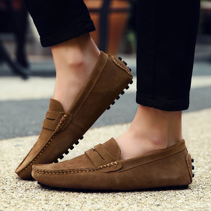 Men's Slip-On Loafers Genuine Cow Suede Brown 9