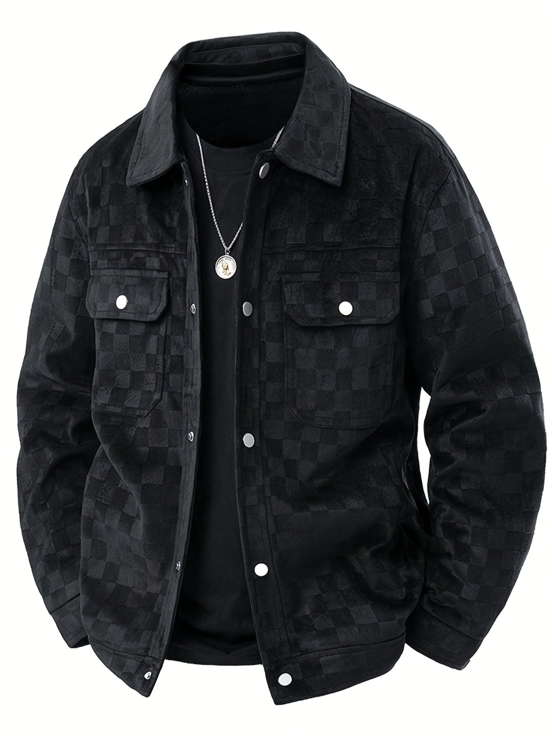 Men's Suede Jacket Tonal Checkerboard Texture Structured Fit Brown 0