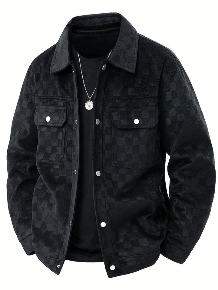 Men's Suede Jacket Tonal Checkerboard Texture Structured Fit Brown 0