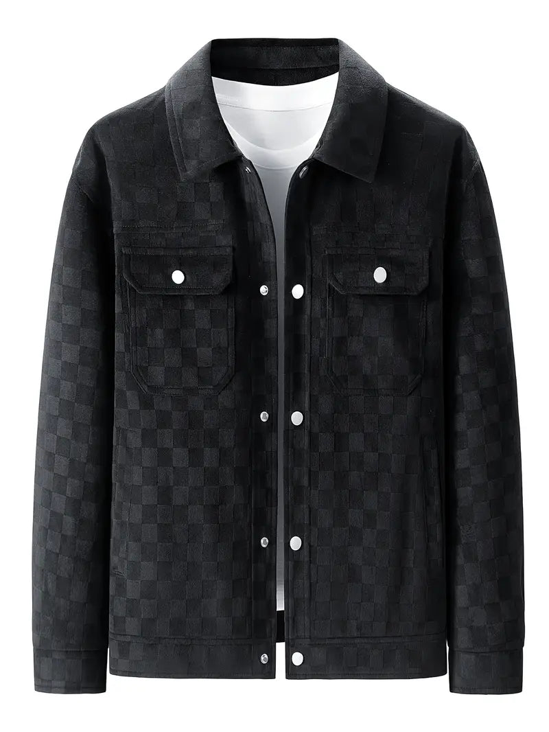Men's Suede Jacket Tonal Checkerboard Texture Structured Fit Brown 1