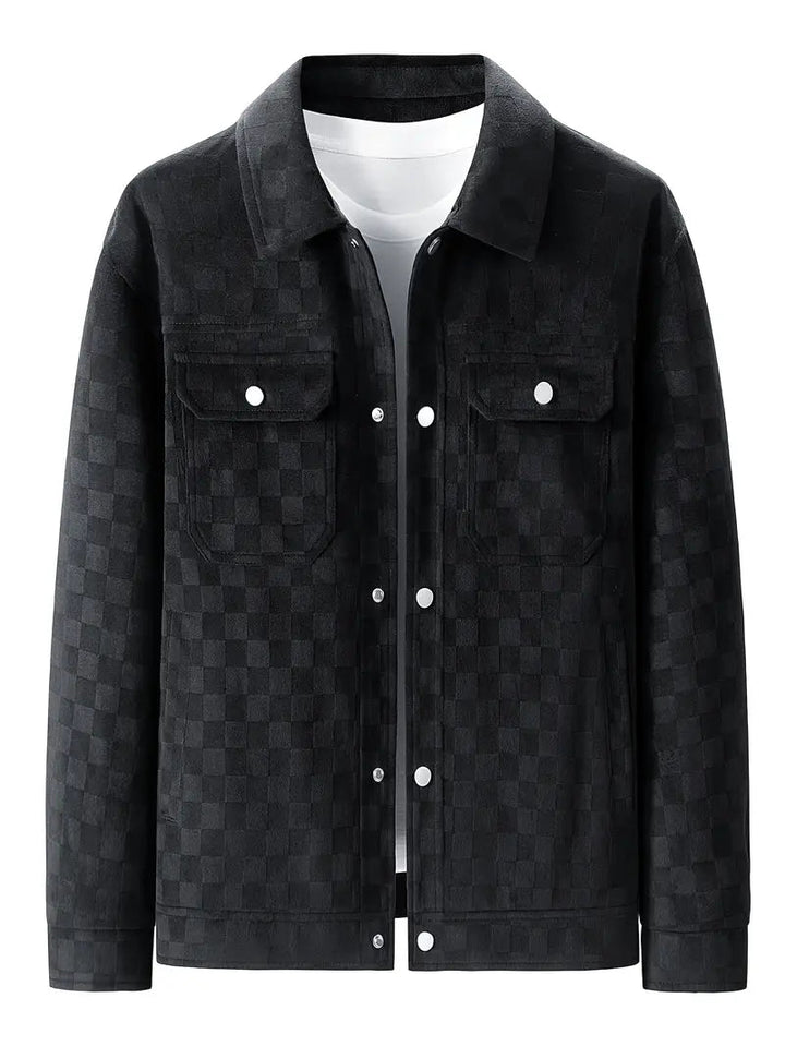 Men's Suede Jacket Tonal Checkerboard Texture Structured Fit Brown 1