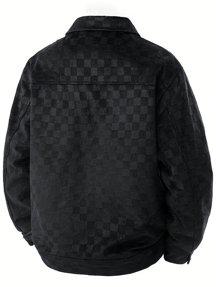Men's Suede Jacket Tonal Checkerboard Texture Structured Fit Brown 2