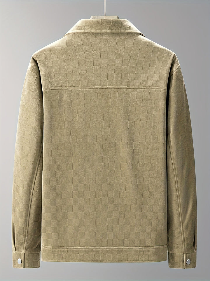 Men's Suede Jacket Tonal Checkerboard Texture Structured Fit Brown 7