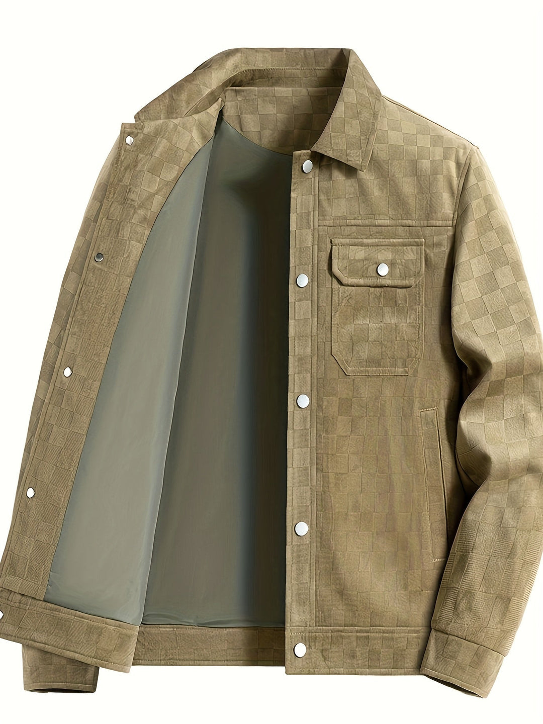 Men's Suede Jacket Tonal Checkerboard Texture Structured Fit Brown 8