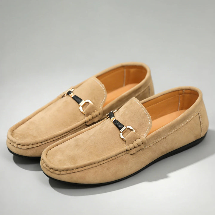 Men's Suede Loafers Slip-On Cushioned Insole Metal Buckle Brown 0