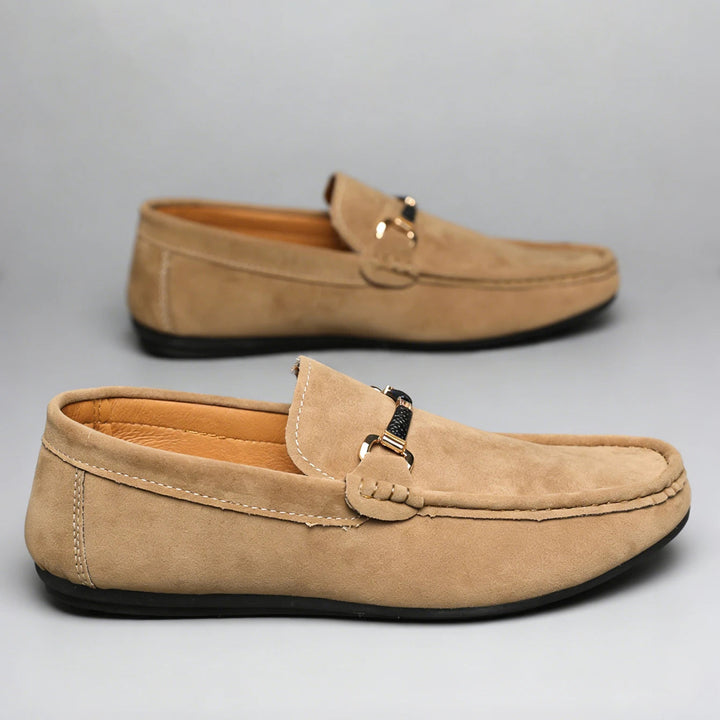 Men's Suede Loafers Slip-On Cushioned Insole Metal Buckle Brown 1