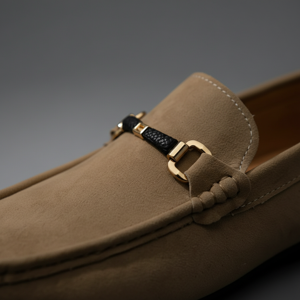 Men's Suede Loafers Slip-On Cushioned Insole Metal Buckle Brown 2