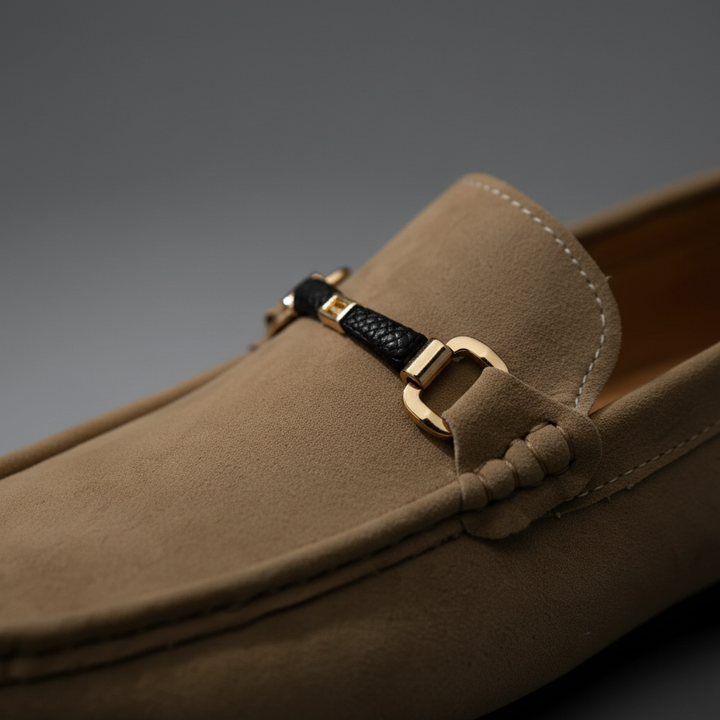 Men's Suede Loafers Slip-On Cushioned Insole Metal Buckle Brown 2