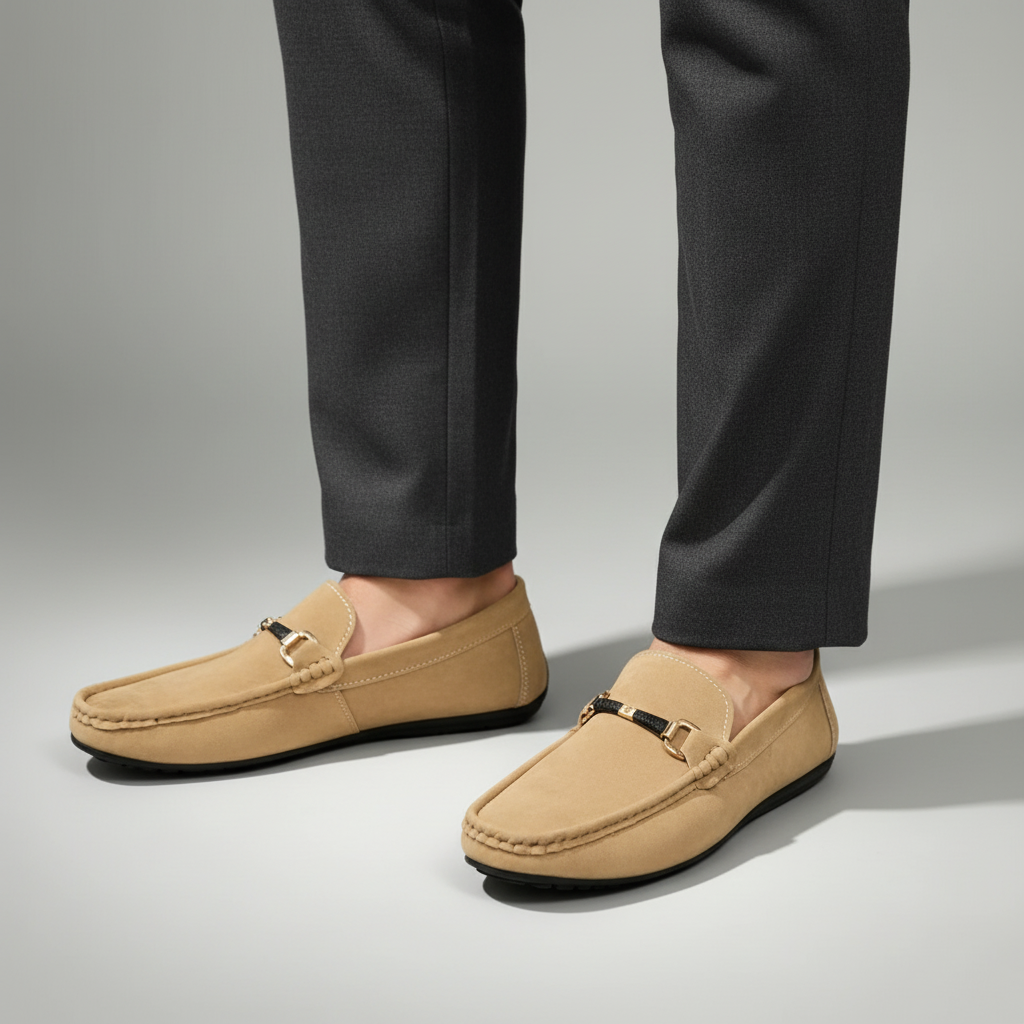 Men's Suede Loafers Slip-On Cushioned Insole Metal Buckle Brown 3
