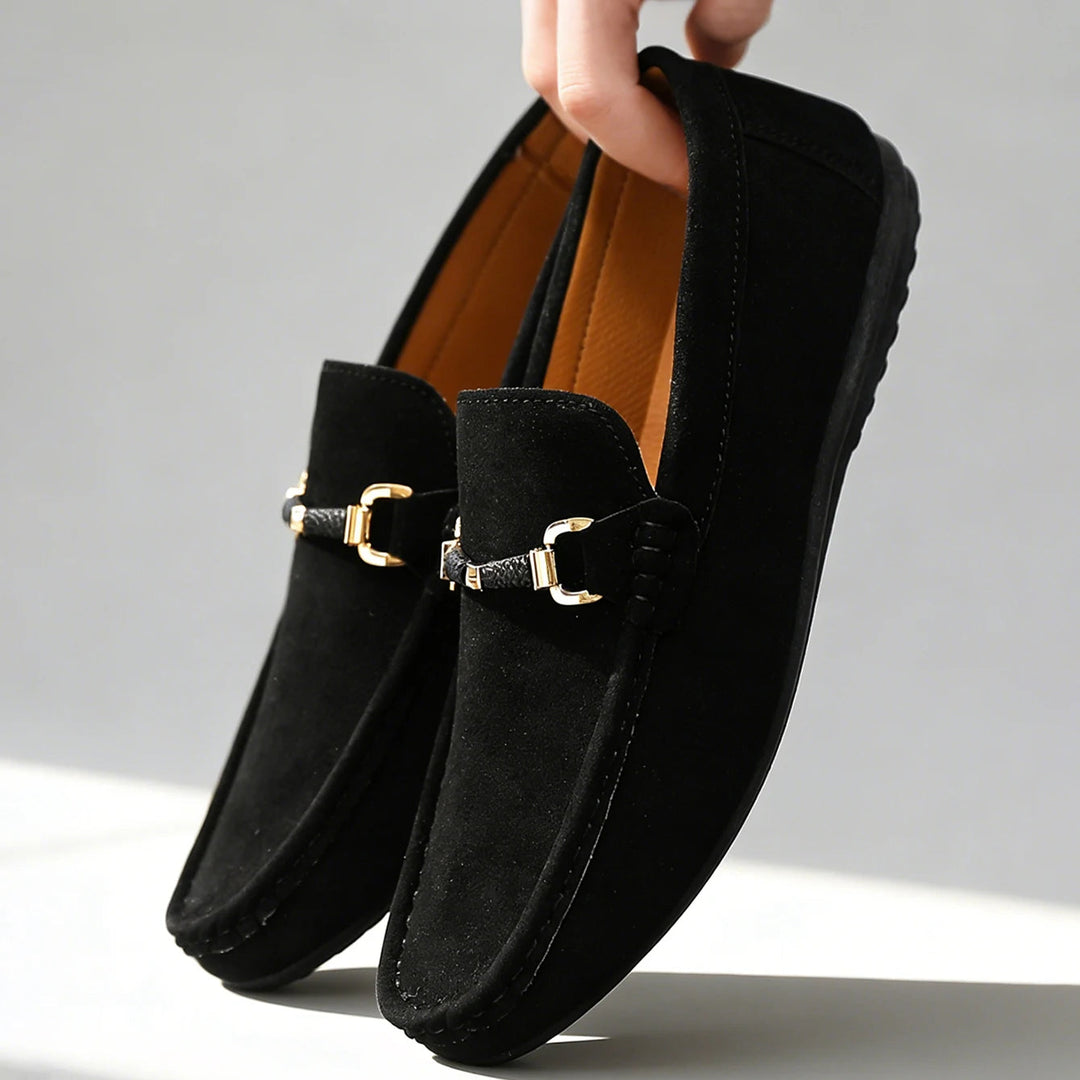 Men's Suede Loafers Slip-On Cushioned Insole Metal Buckle Brown 6