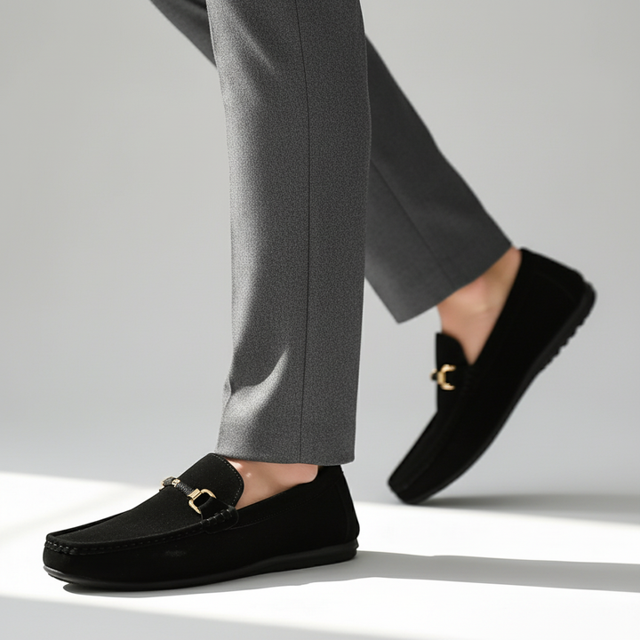 Men's Suede Loafers Slip-On Cushioned Insole Metal Buckle Brown 7